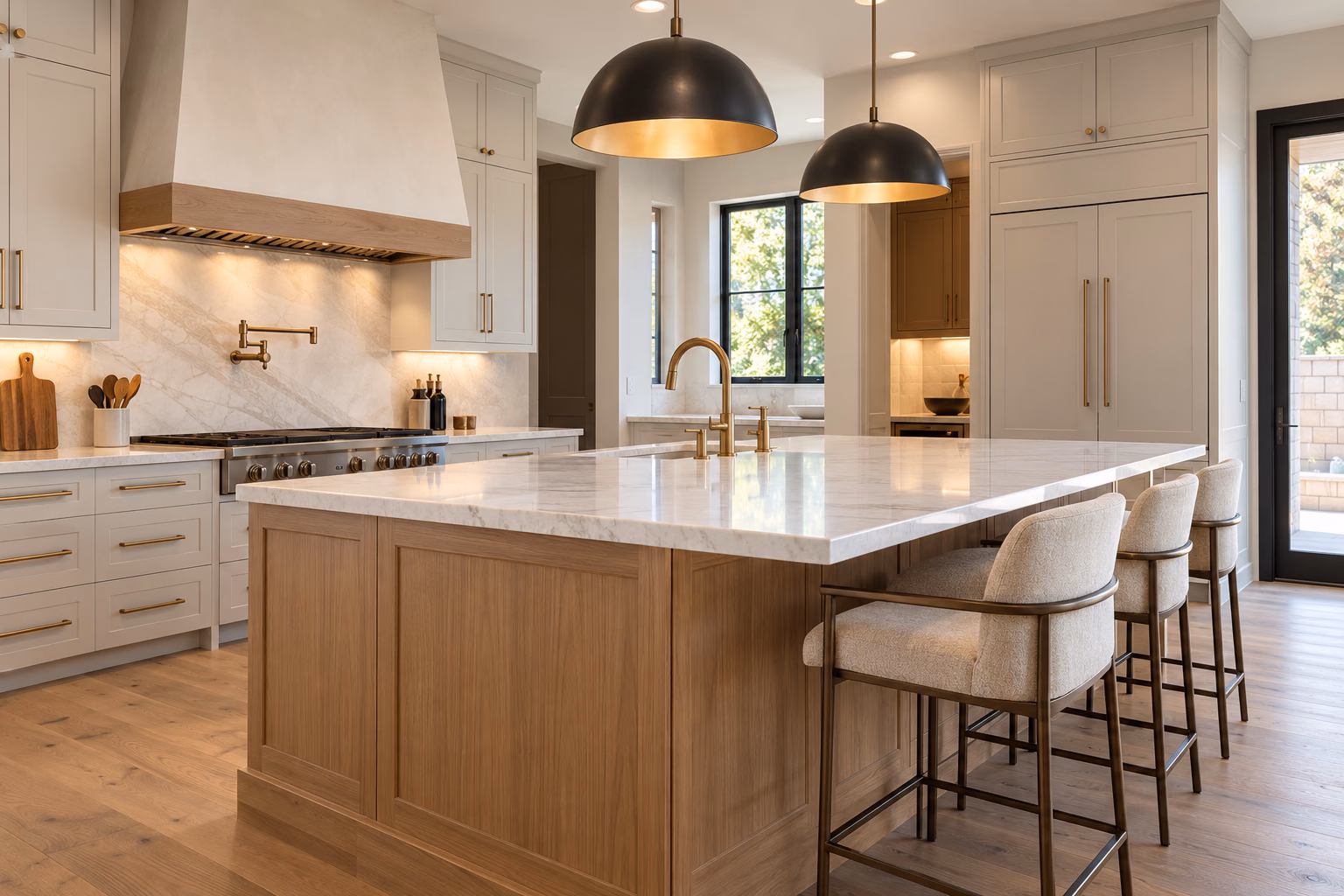 White oak kitchen island with a marble top under dome pendants